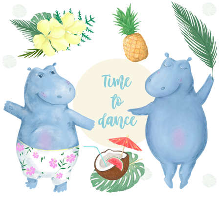 Hippo Dancing Cute art animal hawaiian hippopotamus digital drawing color summer time Tropical Fruits Flowers Floral element greeting celebration card illustration geometric bounquet white .の写真素材