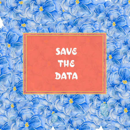 Vertical living coral gold frame with on blue flowers .  floral design for cosmetics, , beauty care products. For greeting card, wedding invitation .の写真素材