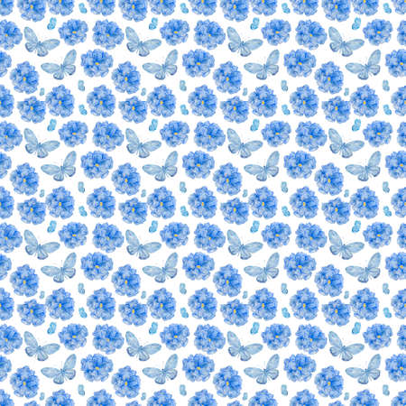 Blue watercolor two butterflies and flowers in pastel colors. Romantic summer background. Watercolor...