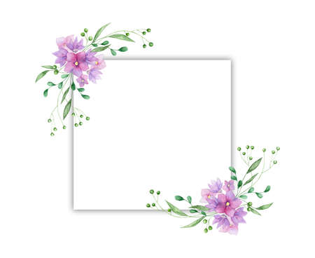 Floral frame with pink roses and decorative leaves. Watercolor Invitation design. Background to save the date. Greeting cards with pink flowers gold polygonal frameの写真素材