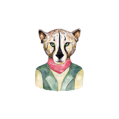 Hand drawn portrait of cute tiger girl cat in clothing. Watercolor illustration isolated on white.の写真素材