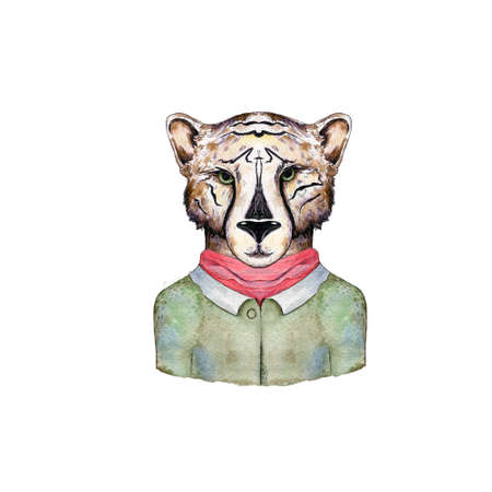 Hand drawn portrait of cute boy cat in clothing. Watercolor illustration isolated on white.の写真素材