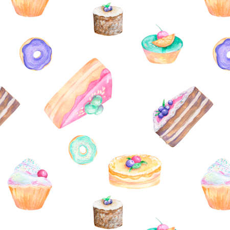 Cake watercolor food gouache clip art drawing illustration coffe deseret geometric tasty pie on backgroundの写真素材