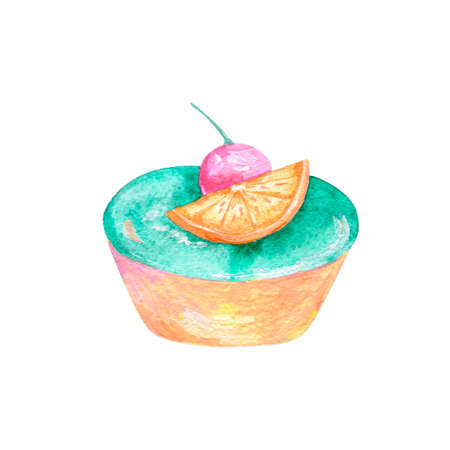 Cake watercolor food gouache clip art drawing illustration coffe deseret geometric tasty pie on backgroundの写真素材