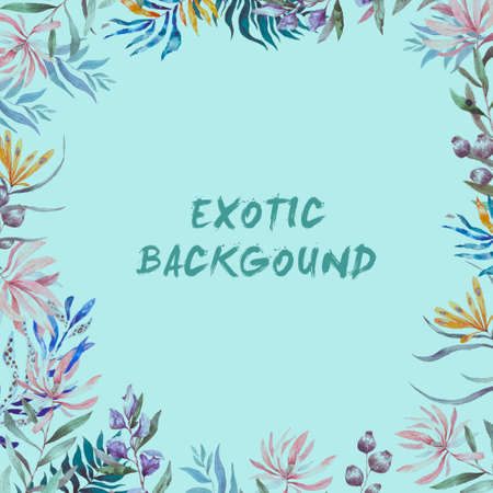Watercolor exotic frame with tropical leaves, flowers and toucan for wedding, invite, birthday card. Isolated illustrarion summer colors, design vertical frame on retro background.の写真素材
