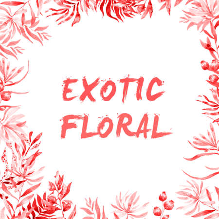 Watercolor exotic frame with tropical leaves, flowers and toucan for wedding, invite, birthday card. Isolated illustrarion summer colors, design vertical frame living coral color.の写真素材