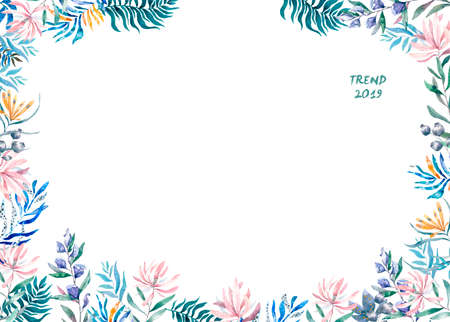Watercolor exotic with tropical leaves, flowers and toucan for wedding, invite, birthday card. Isolated illustrarion summer colors on white backgroundの写真素材