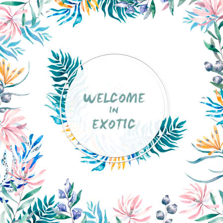 Watercolor exotic circle frame with tropical leaves, flowers and toucan for wedding, invite, birthday card. Isolated illustrarion summer colors on white background.の写真素材