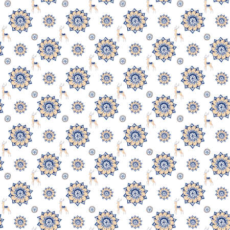 Fractal blue flowers and antilopa. An elegant bright illustration with flowers. India style. Pattern for design of fabric, wallpapers. On white backgroundの写真素材