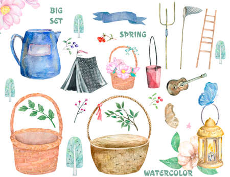 Watercolor sping set wooden basket and garden tools. Cute illustration, isolated on white background.の写真素材