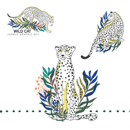 Set tropical cute wild cats illustration background with palm trees, leopard, hibiscus. Isolated on white background. Exotic jungle leaves.の写真素材