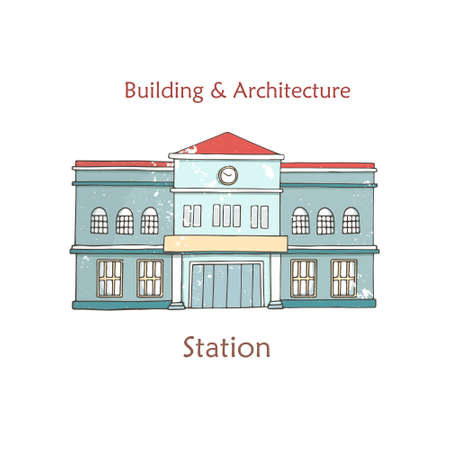 Vector railway station icon. Cartoon illustration in retro style with grunge textures and rust effect. Hand drawn clip art on white background.のイラスト素材