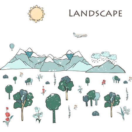 Hand drawing mountains pines clouds and plants, flowers vector illustration grunge style texture, landscape vector.のイラスト素材