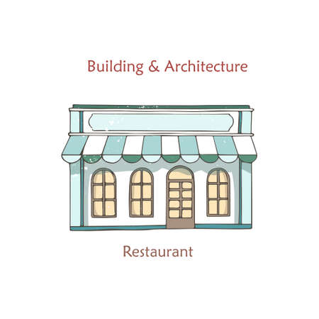 Cafe shop, storefront. Vector. Coffee house, vintage store front. Facade retail building with window. Retro street exterior architecture. Cartoon illustration isolated in flat design.のイラスト素材