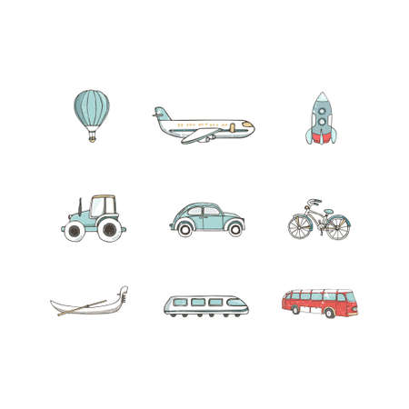 Transport 8 icons. Trasportation Vintage Flat color Concept. Airplane, car, bike. Hand drawn illustration, grunge style texture clip art on white background.のイラスト素材
