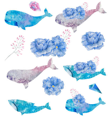 Whale watercolor fatasy whale on fly balloon solar system funny blue ocean sea deep character drawing illustration geometric clip art for birthday party print celebration clothing on.の写真素材