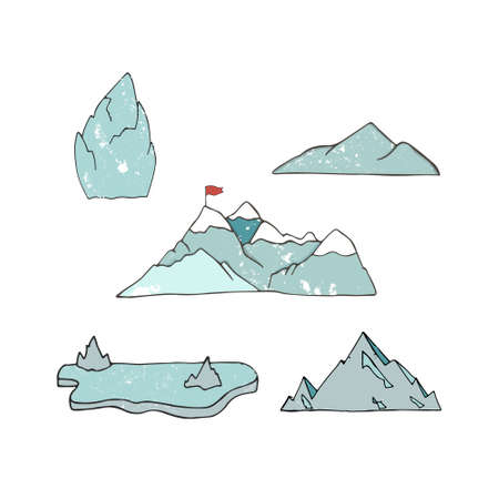 Mountain icons or logotypes. Vector illustration of mountains landscape isolated on white background. Hand drawn clip art grunge style texture. Alps. Watercolot style.の写真素材