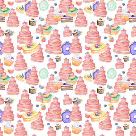 Pink tasty cake and color cups with berrypattern background of cute cupcakes in pastel colors watercolor clip art on white background.の写真素材