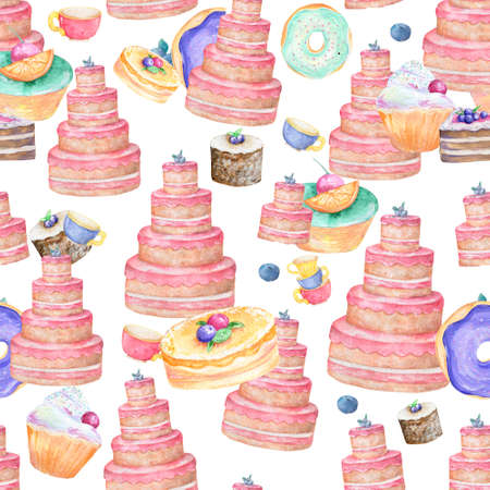 Pink tasty cake and color cups with berrypattern background of cute cupcakes in pastel colors watercolor clip art on white background.の写真素材