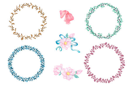 Watercolor flowers and leaves wreath. Set Gold frames illustration. Circle olive and bow clip art branch for celebration, wedding, invite card white background Vintage style, beauty hand drawn.の写真素材