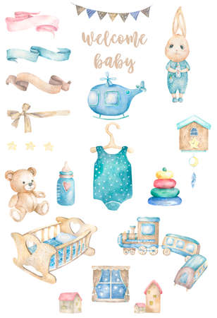 Cute happy birthday card with cartoon Bunny. Watercolor rabbit clip art and beauty boho pink flowers, floral. lamp light and leaf for Happy Easter on white background.の写真素材