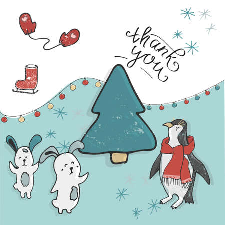 Merry Christmas and Happy New Year. Christmas Cute Animals Penguin, Bunny Character. Happy Christmas card in snow scene. Winter landscape.のイラスト素材