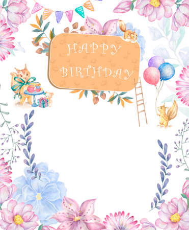 Cute happy birthday card with cartoon Bunny. Watercolor rabbit clip art and beauty boho pink flowers, floral. lamp light and leaf for Happy Easter on white background.の写真素材