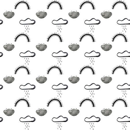 Doodle clouds pattern. Hand drawn seamless background with clouds and stars in grey and teal. Scandinavian styleの写真素材