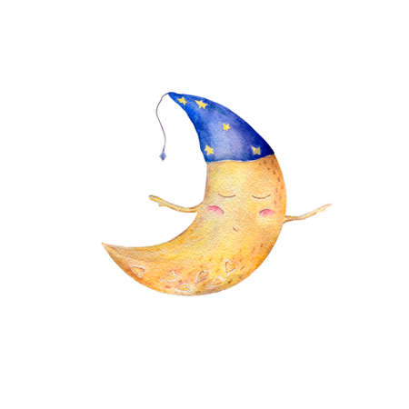 Moon watercolor clip art yellow moon funny character fly moon painting illustration half moon sleeping moon in hat geometric on white background.の写真素材