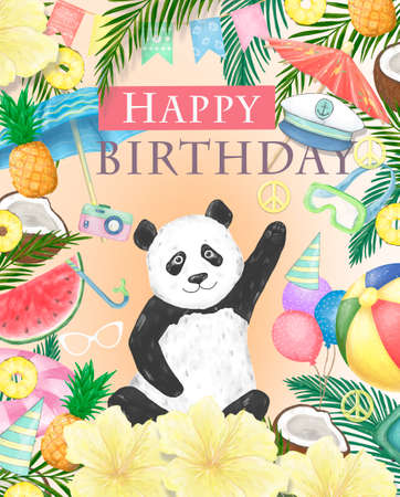 Happy Birthday card design with cute panda bear and boho flowers and floral bouquets illustration. Watercolor clip art for greeting cardの写真素材
