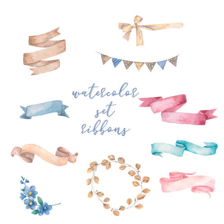Watercolor ribbons set. Hand drawn stripes or banners for text. Watercolor design elements isolated objects.の写真素材