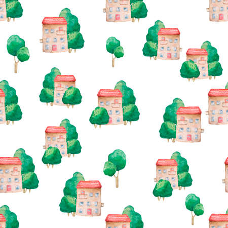 Seamless  pattern of cartoon houses. Kid's elements for scrap-booking. Childish background. Hand drawn  illustration.の写真素材