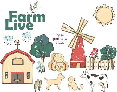 Set of farmers or agricultural workers planting crops, gathering harvest, collecting apples, feeding farm animals, carrying fruits, milking cow, working on tractor. Flat cartoon vector illustrationのイラスト素材