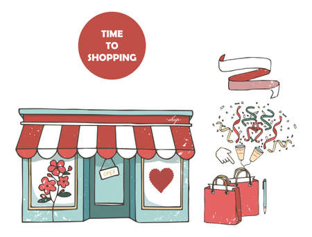 Flat design store fronts. Set of 9 shops and venues vector iconsのイラスト素材
