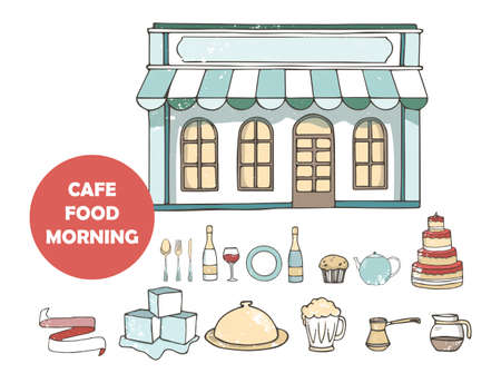 Breakfasts top view frame. Morning food menu design. Breakfast and brunches dishes collection. Vintage hand drawn sketch, vector illustration. Vintage style.のイラスト素材