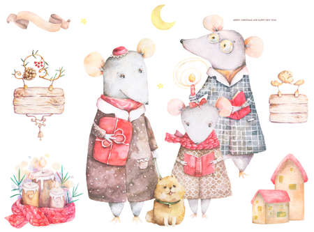 Little Mouse in a red striped pullover and scarf with fir tree. Merry Christmas lettering quote. New Year card, hand drawn illustration. Watercolor animals set. Family composition for greeting cardの写真素材