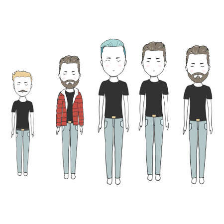 Young guy in black T-shirt hipster men digital art drawing illustration brown hair rock biker boy kid full-length on white backgroundの写真素材