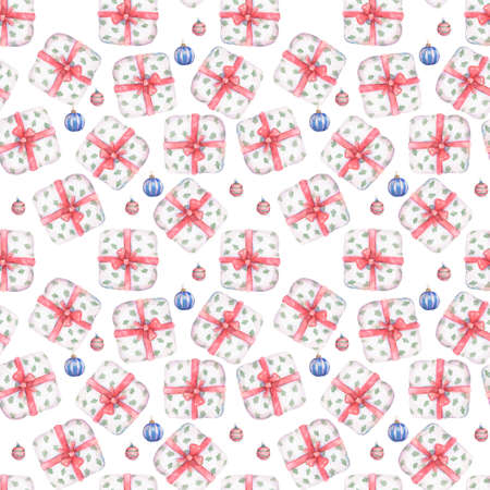 Seamless pattern of gift box with red ribbon bow Background with a pattern of watercolor...