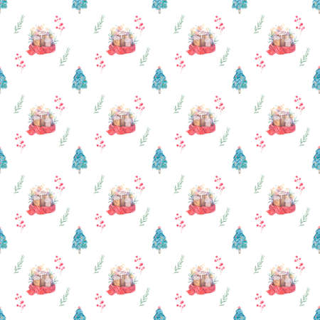 Seamless pattern Hand drawn sketch Burning candle in christmas candlestick of fir branches with colorful watercolor blots. illustration.の写真素材