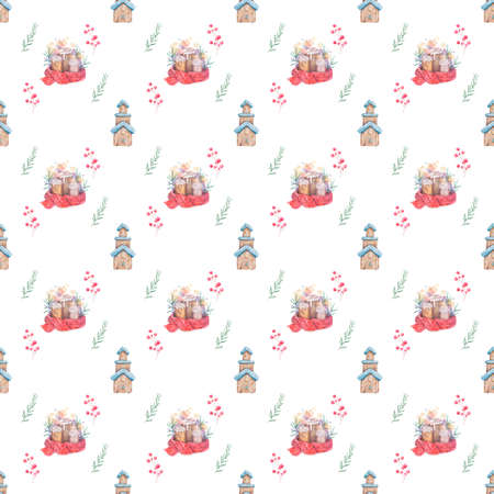 Seamless pattern Hand drawn sketch Burning candle in christmas candlestick of fir branches with colorful watercolor blots. illustration.の写真素材