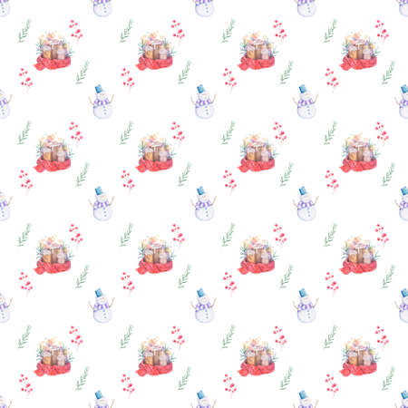 Seamless pattern Hand drawn sketch Burning candle in christmas candlestick of fir branches with colorful watercolor blots. illustration.の写真素材