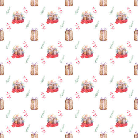 Seamless pattern Hand drawn sketch Burning candle in christmas candlestick of fir branches with colorful watercolor blots. illustration.の写真素材