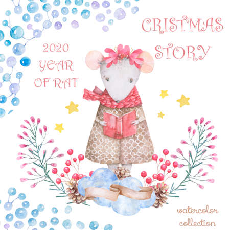 Cute watercolor cartoon rats and spruce tree. Watercolor hand drawn animals illustration. New Year 2020 holiday drawing illustration. Symbol 2020 Merry Christmas gift card. Greeting postcardの写真素材
