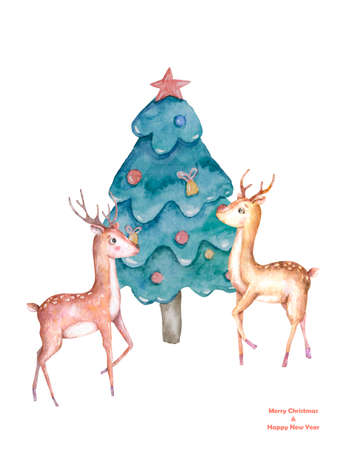 Watercolor Hand drawn cute colorful illustration christmas landscape with spruce and deer. Us for postcard, card, invitations and christmas poster. On white background Forest animalの写真素材