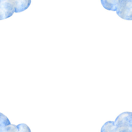 light blue watercolor clouds frame on white background Hand drawn illustration fly cloud and skyの写真素材