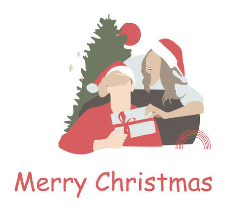 Festive Christmas tree and decorated fireplace card in flat style isolated on dark background for season s greetings and New Year invitationsのイラスト素材