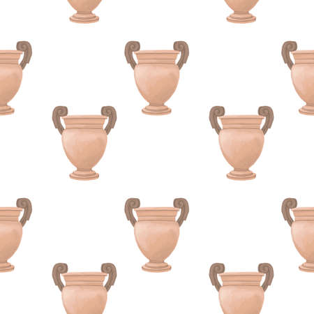 Cartoon illustration hand drawn pattern with antique vases. Vintage clip art. Watercolor brush. Romeの写真素材