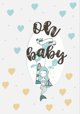 little mermaid with horn and plush toy is dreaming about being a unicorn hand drawn girlish isolated illustration for t-shirts, phone case, mugs, baby shower, wall art.のイラスト素材