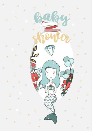 little mermaid with horn and plush toy is dreaming about being a unicorn hand drawn girlish isolated illustration for t-shirts, phone case, mugs, baby shower, wall art.のイラスト素材