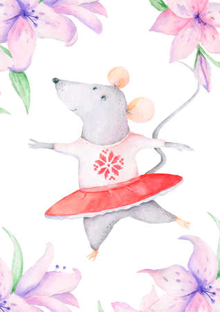 Baby shower card. Cute cartoon christmas rat dancer mouse christmas card. Watercolor hand drawn animal illustration. New Year 2020 holiday drawing. Colorful funny rats wood frame for greeting cardの写真素材